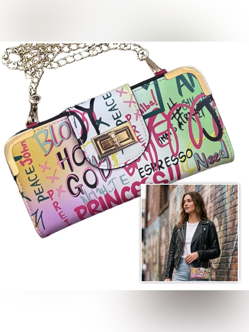 Trendy Multi Graffiti Turn Lock Crossbody Wallet